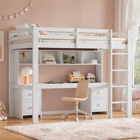 DESMIU Lit mezzanine 1 place avec bureau, 4 tiroirs et 4 étagères 90 × 200 cm, sans matelas, blanc (1/5)
