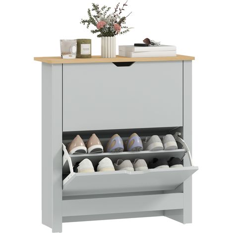 HOMCOM 12-Shoe Storage Cabinet 4 Shelves 2 Drawers Tabletop Light Grey (1/5)