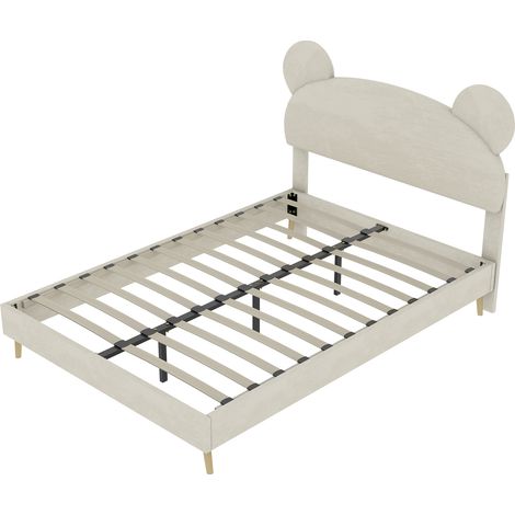 Cama tapizada beige 140 x 200 cm con cabecero oso, base baja, sin colchón (1/5)