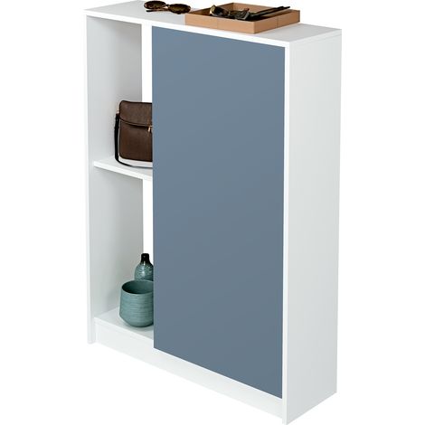 Meuble à chaussures 1 porte coloris blanc brillant / bleu - Hauteur 110 x Longueur 80 x Profondeur 25 cm -PEGANE- (1/3)
