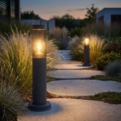 Wegeleuchte Pollerleuchte Außen Sockelleuchte Gartenlampen anthrazit, Standleuchte Balkon, Edelstahl rauchfarben, 1x E27 Fassung, DxH 7,6x45cm, 2er Set (1/5)