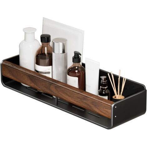 Étagère de rangement de salle de bain en aluminium et bois massif avec garde-corps, étagère de salle de bain murale amovible, gain de place (40 cm) (1/4)