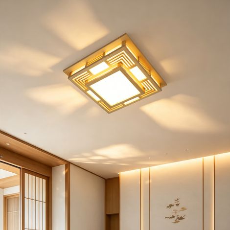 45×45cm Plafonnier carré en bois, plafonnier à 3 couleurs d'éclairage, plafonnier japonais encastré avec télécommande, Luminaire (1/5)