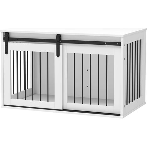 Hundebox mit Schiebetür, Belüftung, Spanplatte und Stahl, 98 x 58 x 61 cm, Weiß
