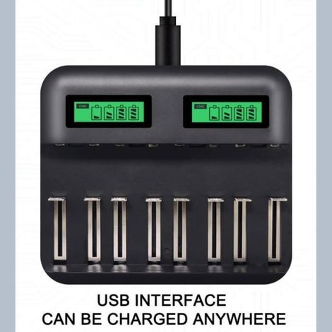 Chargeur USB - 8 Emplacements - Écran LCD - Pour Piles AA AAA C D - 450 mA