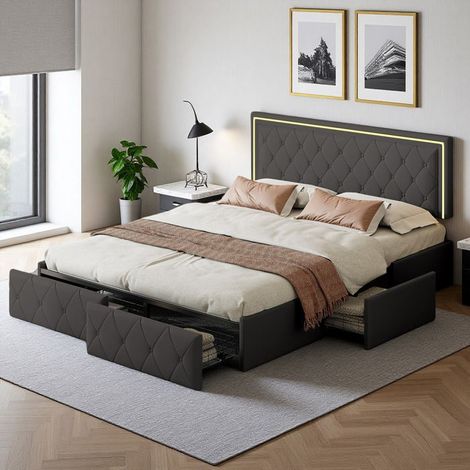 Cama 160x200 cm, TT05, LED regulable, Estilo escandinavo, cama doble, marco de cama para adultos 160x200 cm, PU, Gris