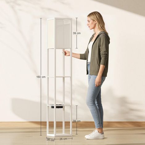 Lampadaire avec étagères, éclairage à intensité variable, interrupteur au pied et ports USB, blanc (1/5)