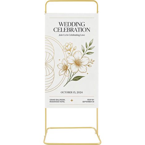 Support de plaque de mariage doré au sol, 150 × 60 × 45 cm, porte‑affiche en métal vertical, présentoir décoratif pour cérémonie, réception, fête et événement (1/5)