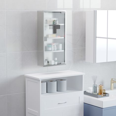Medizinschrank aus Edelstahl silber 30 x 12 x 60 cm mit satinierter Glastür, Tip-On und Schloss (1/5)