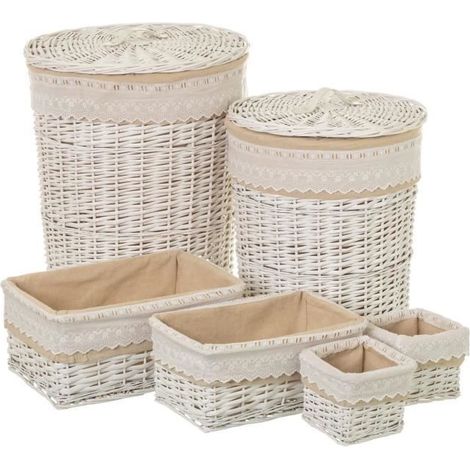 Panier de rangement - JUANIO - Lot de 6 (grand, moyen, petit) - Osier-tissu - Empilable - Couvercle (1/4)