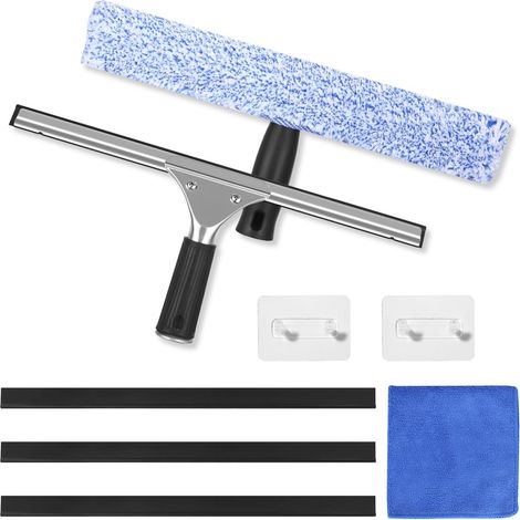 Juego profesional de 8 piezas para limpiar ventanas, kit de limpieza de ventanas de acero inoxidable con rasqueta de silicona y cepillo de microfibra, limpiador de ventanas con gancho para baño, coche (1/5)