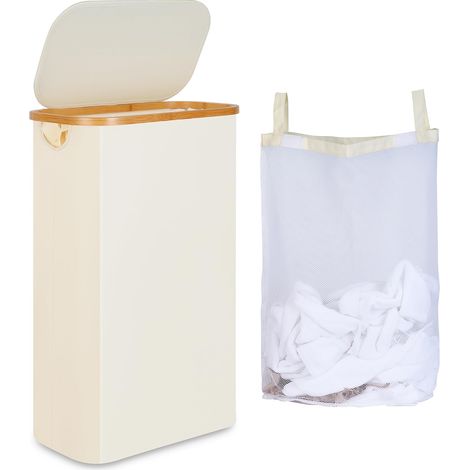 Wäschekorb mit Deckel, 60 l, schmaler Schmutzwäschekorb mit herausnehmbarem und waschbarem Innenbeutel, Wäschekorb aus Bambus, faltbarer Wäschekorb für Waschküche, Schlafzimmer (Beige) (1/5)