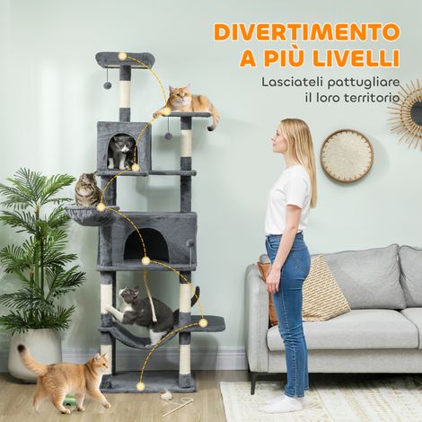 202 cm hoher Katzenkratzbaum mit 6 Sisalstämmen, 2 Verstecken, 2 Hängematten und einem Bett. Grau (1/5)