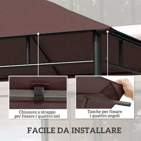 Toit de remplacement pour tonnelle de jardin 3x3m, en polyester 180 g/m² résistant à l'eau, avec 8 trous de drainage et aérations, toile seule, 298x295cm, couleur café (1/5)