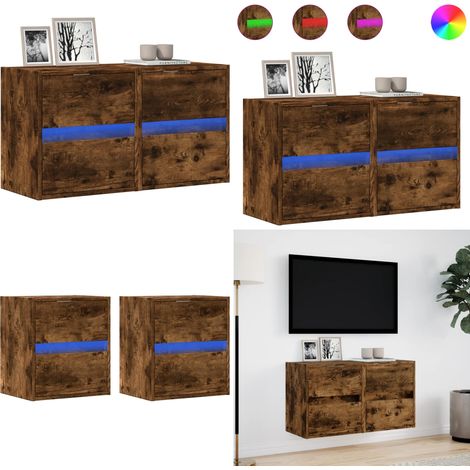 Muebles TV de pared luces LED 2 uds roble ahumado 41x31x45 cm - Armario de TV - Luz LED