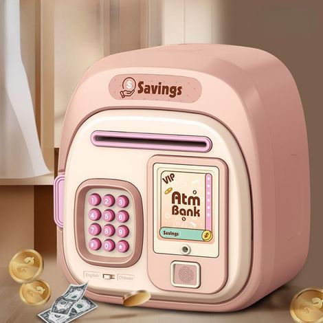 Tirelire numérique enfant ULISEM, empreinte digitale, batterie rechargeable, rose, code modifiable, compacte (1/4)