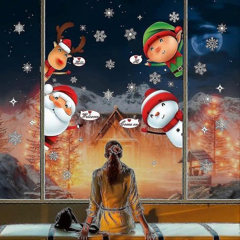 Lámina de pegatinas navideñas para ventanas de cristal, adhesivos navideños para ventanas con copos de nieve, Papá Noel y renos. (1/5)