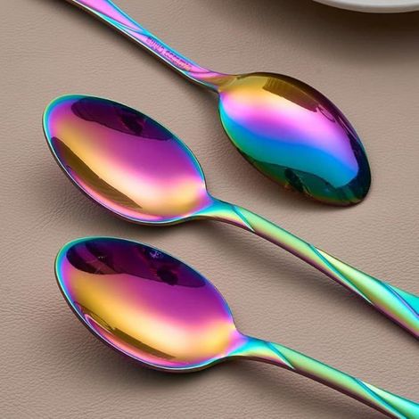 Cuillères à dessert, cuillères à café et à thé en acier inoxydable brillant, lot de 6 pièces, longueur 16,5 cm, design arc-en-ciel (1/5)