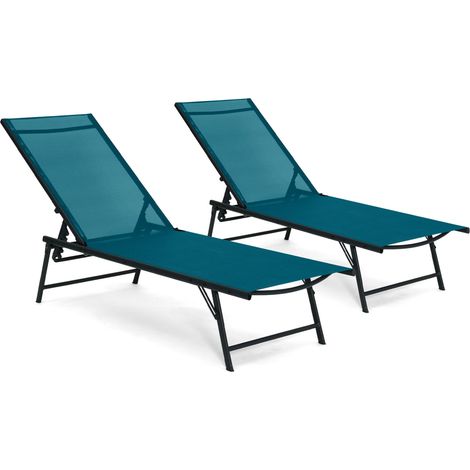 Idmarket – Lot de 2 transats inclinables en acier gris anthracite – Toile textilène bleu canard – 4 positions réglables – Dimensions 175x55x30cm
