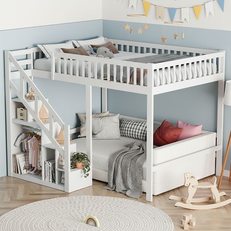 Cama cabaña 140x200 cm de madera maciza, barandillas altas con diseño de estrellas, somier de láminas y espacio de almacenaje - blanco (1/5)
