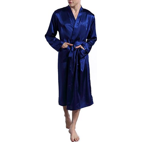 Peignoir d'été léger pour homme, style sauna, manches longues, avec ceinture, pyjama en soie, pyjama kimono, cadeau pour homme, bleu marine (1/3)