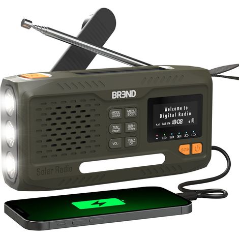 Radio d'urgence portable avec radio FM et DAB, Bluetooth, alarme SOS et batterie externe.