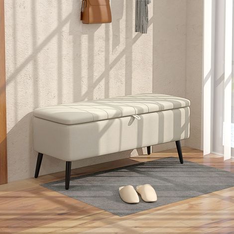 Banc de rangement, banquette capitonnée aspect lin, coffre de rangement avec pieds en acier, 102 x 40 x 44 cm, blanc crème (1/5)
