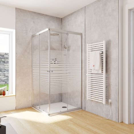 Schulte Duschkabine Corner Eckeinstieg mit Schiebetüren, Montage auf Duschwanne oder Fliese, Glas: 4 mm ESG Sicherheitsglas Dekor Querstreifen, Profil: Silberfarben, Größe: 90 x 90 x 180 cm (1/5)