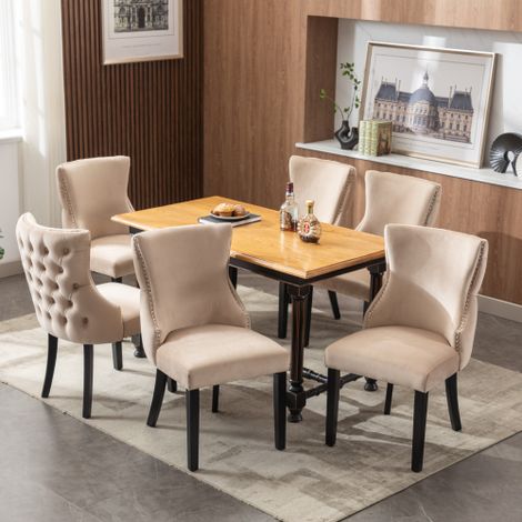 Lot de 6 chaises de salle à manger en velours avec coutures boutonnées, 4 pieds en bois massif noir, beige