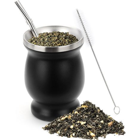 Tasse noire avec paille, passoire et goupillon tasse à maté en acier inoxydable tasse à thé en forme de calebasse verre à eau grande tasse ventrale argentine d'Amérique du Sud tasse isotherme. (1/5)