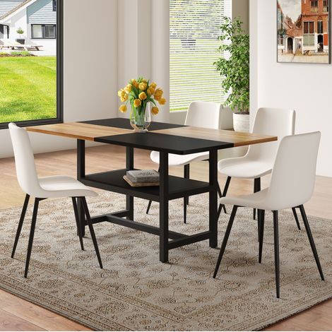 Conjunto de comedor con mesa rectangular de 160 cm con almacenaje y 4 sillas PU blancas (1/5)