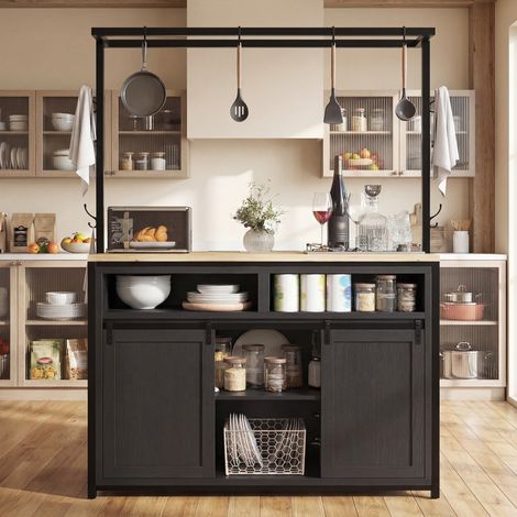 Îlot de cuisine en bois 107x62x183 cm avec 2 prises USB-rangements-portes coulissantes-étagère suspendue MDF Métal Noir (1/5)