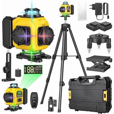 Professionelles 16-Linien 4D-Lasernivelliergerät, Automatisch 360° ° Horizontal & Vertikal, Leistungsstarke Linien, Laser-Nivelliergeräte mit Leistungsanzeige, Grüner Strahl