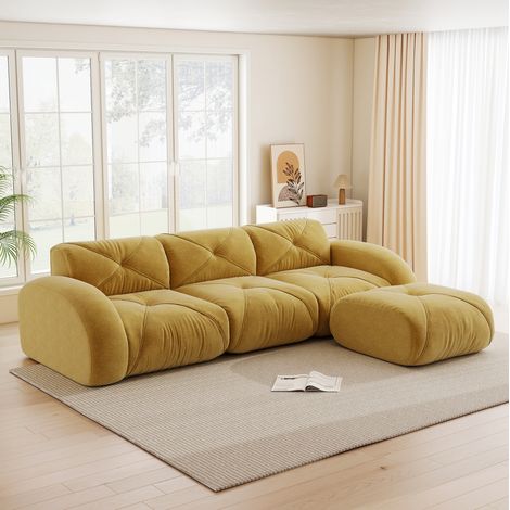 Divano modulare a L giallo in ciniglia con pouf, senza montaggio, 281 x 171 x 76 cm (1/5)