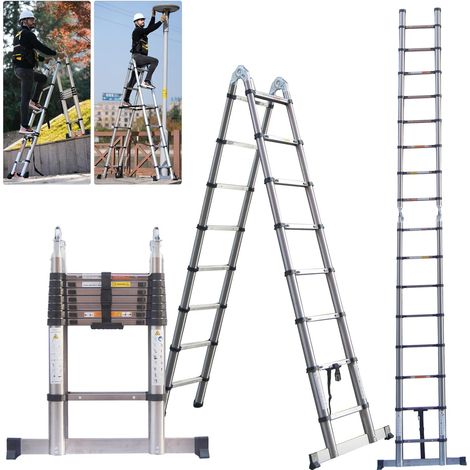 5M(2.5M+2.5M) Telescopic Ladder with Stabiliser Bar, A-Frame Stainless Steel Multi-Purpose Extendable Portable Loft Ladder Foldable Ladder, Max Load 150kg/330lb