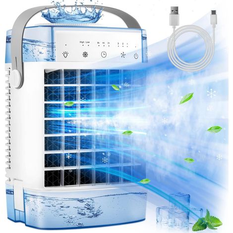 Climatiseur portable 5 en 1 avec vaporisateur, veilleuse colorée et minuterie - Blanc (1/5)