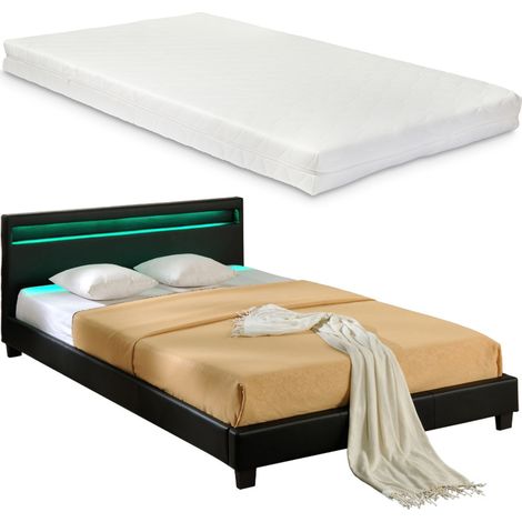 Letto Francese con Materasso 140x200 cm Testiera Alta con Illuminazione a LED Similpelle - Nero Corium