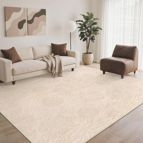 Tapis Salon Beige 240x300 cm Crème Floral Moderne 3D Crème antidérapant lavable en machine, doux et confortable pour chambre, séjour et salle à manger (1/5)