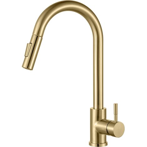Robinet mitigeur de cuisine avec bec extractible orientable 360°, 2 modes d'eau, arc haut, levier unique en laiton, robinet salle de bain doré brossé