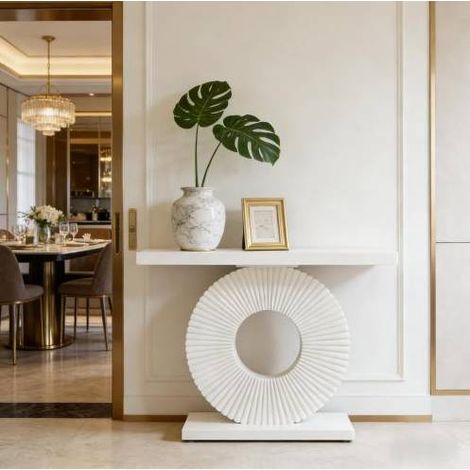 Table console blanche en MDF et métal avec base géométrique (1/5)