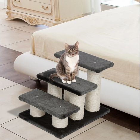 Escalier pour chats et chiens à 3 marches, gris, 45 x 35 x 34 cm, revêtement peluche HAVRYA (1/4)