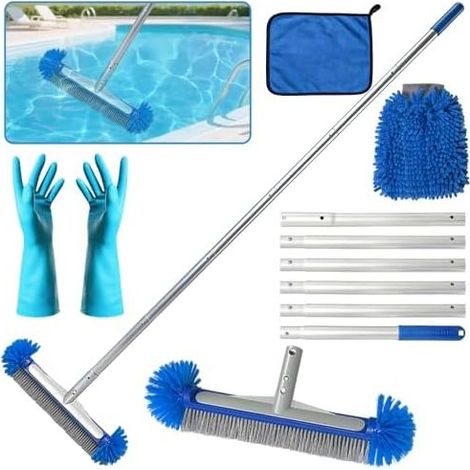 Spazzola rotonda per piscina, testina staccabile, retino skimmer con manico telescopico da 213 cm, per piastrelle e scale, per piscina, laghetto, vasca idromassaggio D - (1/5)