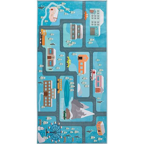Beliani Kids Rug Blue 80 x 150 cm Carpet City Town Theme Car Mat Playroom Fabric, For Kids, Machine Woven, Pile Height 1 cm, Anti-Slip, Rectangular, 100% Polyester KIGI (1/5)