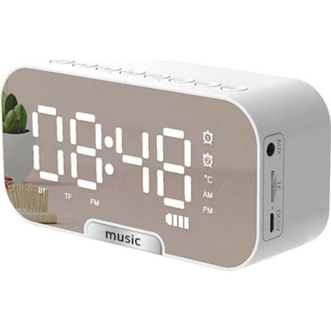 [NIEMALS VERWENDET] Digitaler Spiegelwecker mit Bluetooth-Lautsprecher, FM-Radio, Temperaturanzeige, TF-Kartenleser, 3 Helligkeitsstufen und Handyhalterung – Weiß