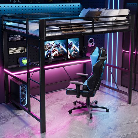 MODFU – Lit mezzanine adulte 140x200 cm métal et MDF – Bureau gaming, LED multicolores et garde-corps – Charge 150 kg, 24 lattes – Chambre – Noir (1/5)