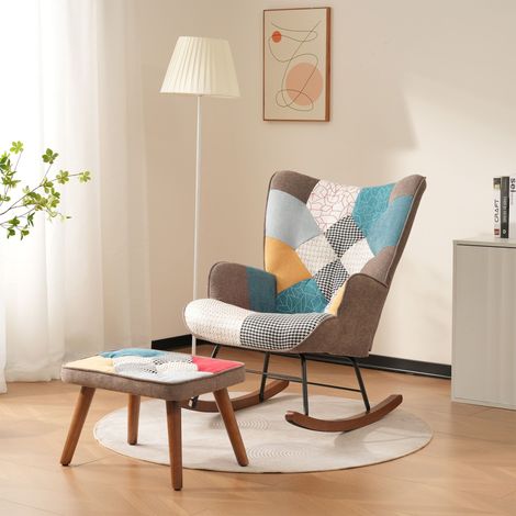 Fauteuil à bascule patchwork multicolore avec repose-pieds assorti, rembourrage mousse, pieds en bois massif et fer, charge 90 kg (1/5)