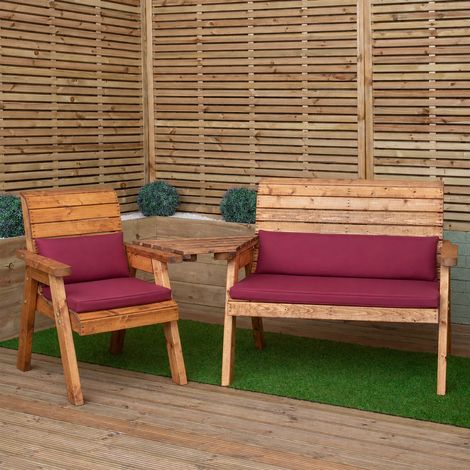 3 Seater Wooden Garden Furniture Set with Angled Tray & Burgundy Cushions (1/5)