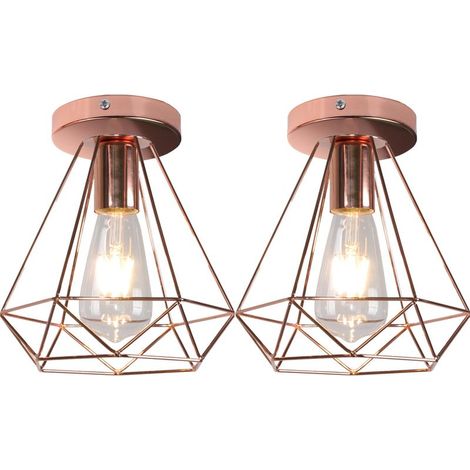 2PCS-Plafonnier Rétro Diamant Or Rose Métal 20CM Lustre Industriel E27 Plafonnier Vintage Lampe De Plafond Antique (1/5)
