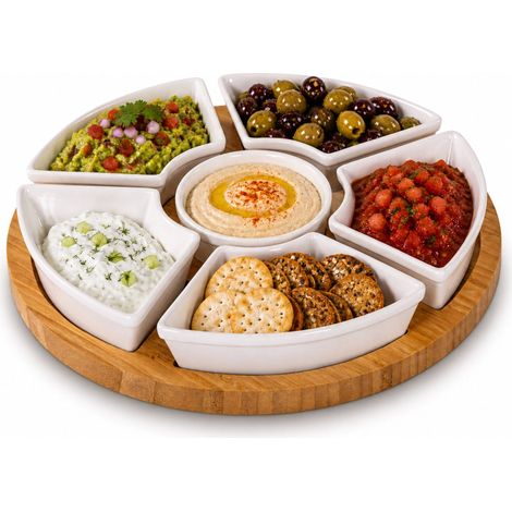 Oypla Rotating Bamboo Lazy Susan Snack Bowl Serving Platter with Ceramic Dishes