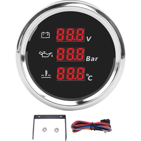 52-mm-Digitalvoltmeter mit Spannungs-, Öldruck- und Wassertemperaturanzeige, roter Hintergrundbeleuchtung, wasserdicht, für Boote, Yachten und Wohnmobile, 9–32 V DC, schwarzes Zifferblatt, silberne Lü